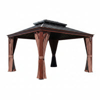 10 Ft. X 12 Ft. Wood Grain Aluminum Gazebo Galvanized Steel Double Top Roof with Curtains and Textilene Netting