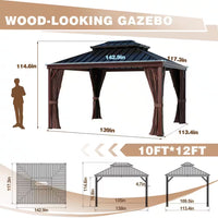 10 Ft. X 12 Ft. Wood Grain Aluminum Gazebo Galvanized Steel Double Top Roof with Curtains and Textilene Netting