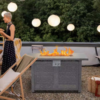42 In. Gray Rectangle Propane Gas Fire Pit Table 50,000 BTU with Lid, Glass Wind Guard, Waterproof Cover, Lava Rocks