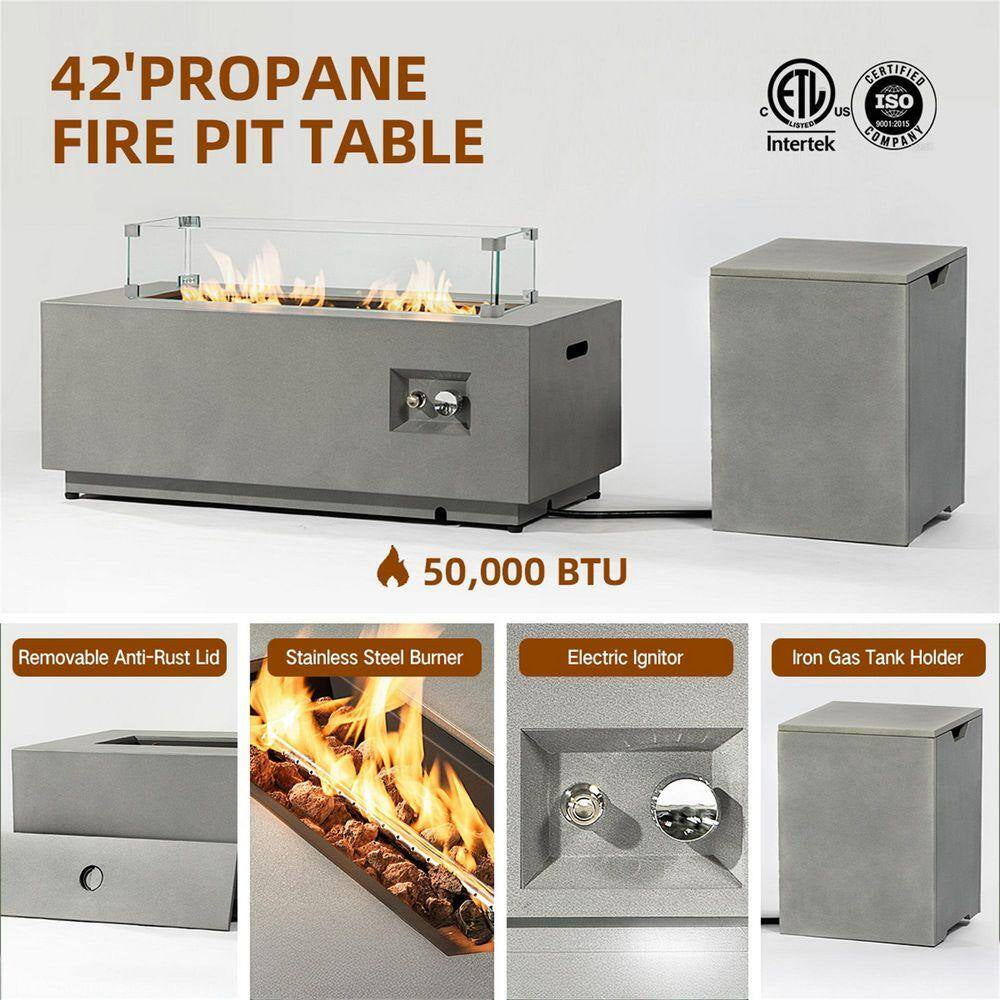 50000 BTU Rectangular Steel Fire Pit 42" Propane Gas Fire Pit Table Gray 2-Pieces for outside with Glass Wind Guard