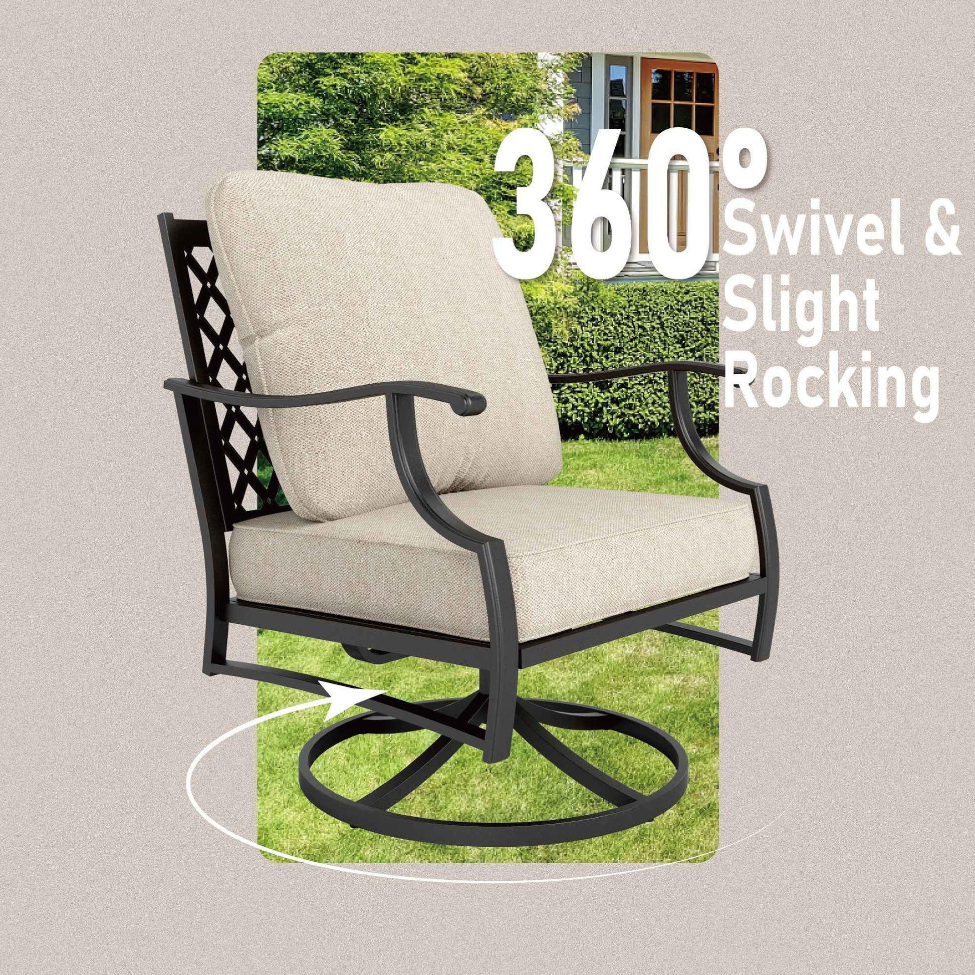 7-Seater Patio Conversation Set Metal Outdoor Furniture Set with Swivel Chairs and Ottomans - Beige