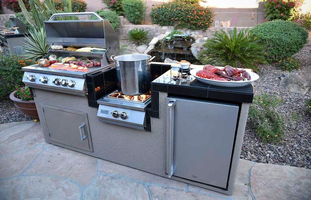 KoKoMo BBQ Island - 7'6" Outdoor Kitchen with 4-Burner Grill, Wok Burner & Refrigerator
