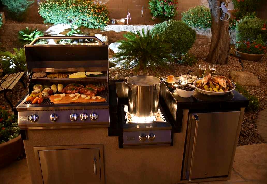 KoKoMo BBQ Island - 7'6" Outdoor Kitchen with 4-Burner Grill, Wok Burner & Refrigerator
