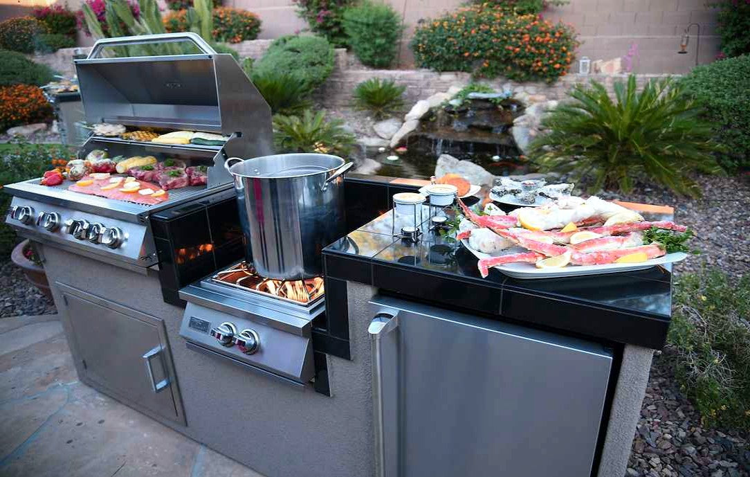 KoKoMo BBQ Island - 7'6" Outdoor Kitchen with 4-Burner Grill, Wok Burner & Refrigerator