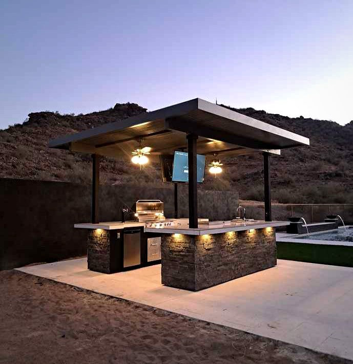 KoKoMo Outdoor Kitchen BBQ Island with Dual TVs - Big Island Sports Bar Experience