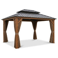 10 Ft. X 12 Ft. Wood Grain Aluminum Gazebo Galvanized Steel Double Top Roof with Curtains and Textilene Netting — Studio Shot