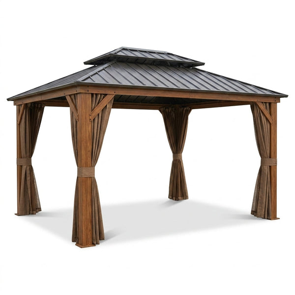 10 Ft. X 12 Ft. Wood Grain Aluminum Gazebo Galvanized Steel Double Top Roof with Curtains and Textilene Netting