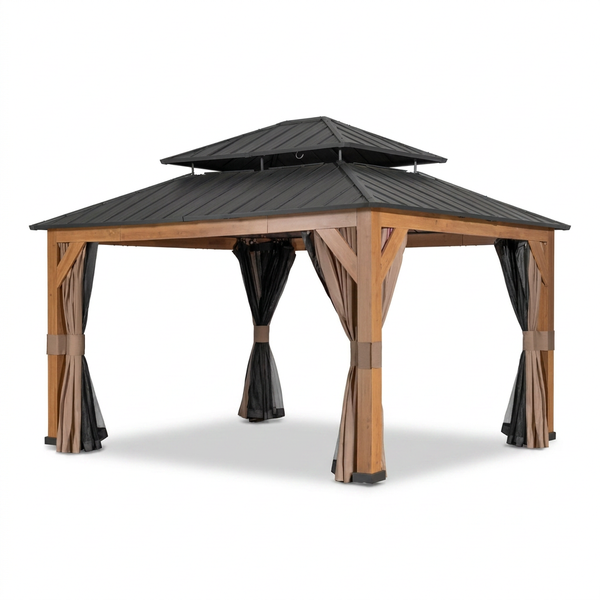 15 Ft. X 13 Ft. Wood Grain Aluminum Double Galvanized Steel Roof Gazebo with Ceiling Hook, Mosquito Netting and Curtains