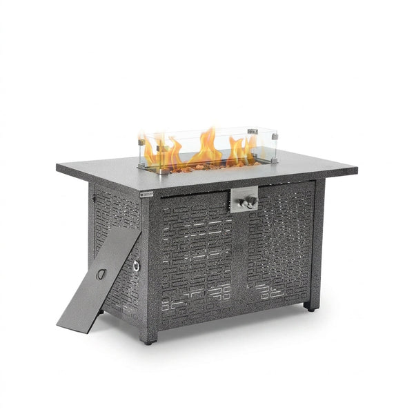 42 In. Gray Rectangle Propane Gas Fire Pit Table 50,000 BTU with Lid, Glass Wind Guard, Waterproof Cover, Lava Rocks