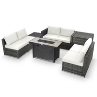 9-Pieces Patio Rattan Furniture Set Fire Pit Table Storage Black with Cover off White — Studio Shot