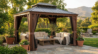 10 Ft. X 12 Ft. Wood Grain Aluminum Gazebo Galvanized Steel Double Top Roof with Curtains and Textilene Netting — Lifestyle