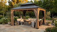 15 Ft. X 13 Ft. Wood Grain Aluminum Double Galvanized Steel Roof Gazebo with Ceiling Hook, Mosquito Netting and Curtains — Lifestyle