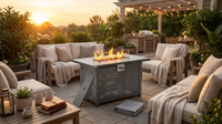 42 In. Gray Rectangle Propane Gas Fire Pit Table 50,000 BTU with Lid, Glass Wind Guard, Waterproof Cover, Lava Rocks — Lifestyle