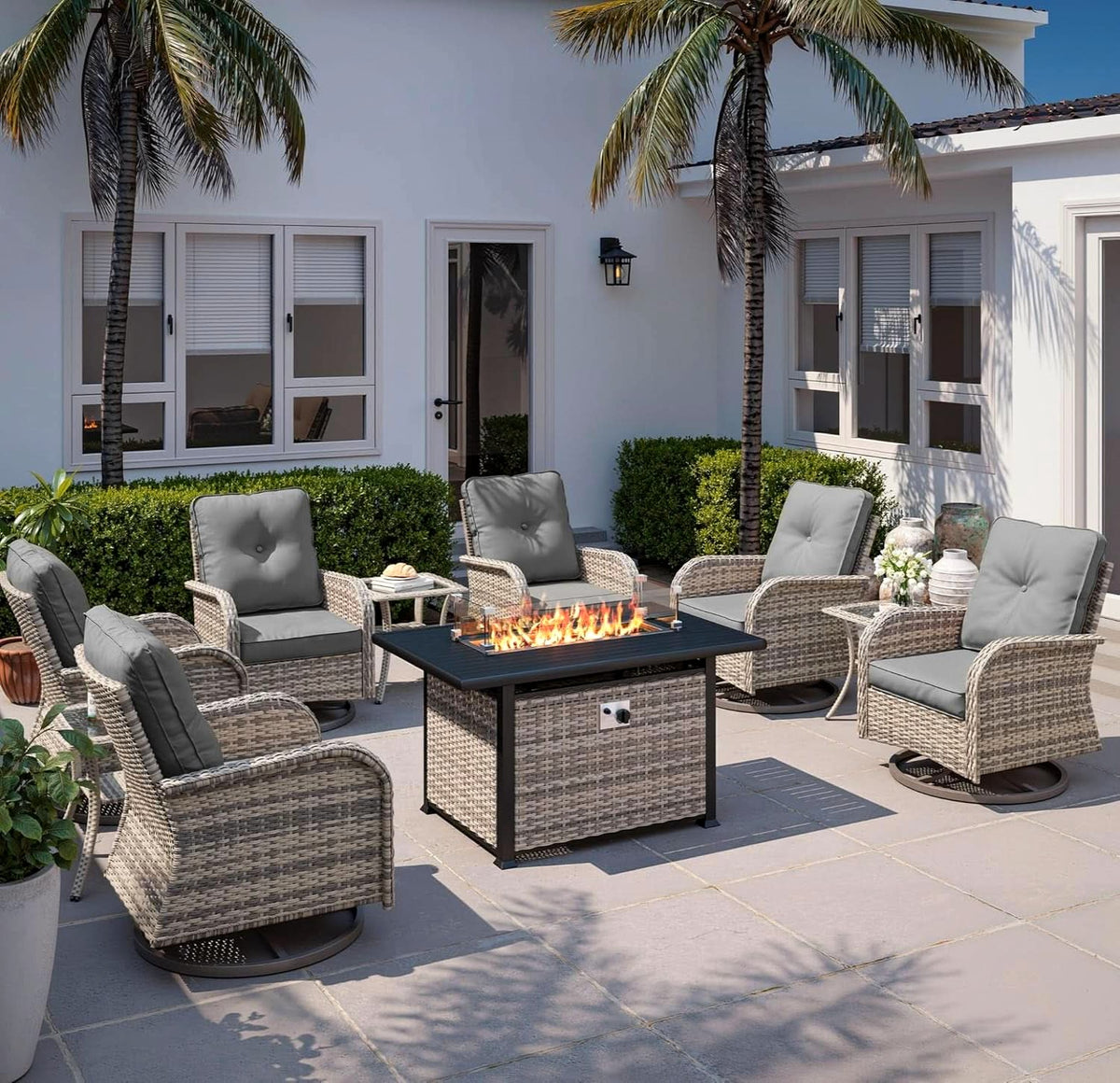 Patio Swivel Rocking Chair Set with Fire Pit